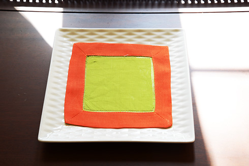 Multicolor Hemstitch Cocktail Napkin 6". Hot Green & Hot Orange - Click Image to Close